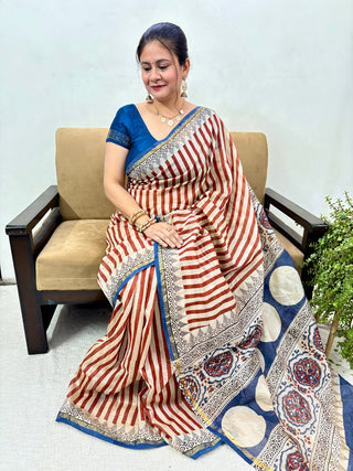 Ajrakh Print Chanderi Silk Saree with Zari Border and Unstitched Blouse Piece (Lining Included)