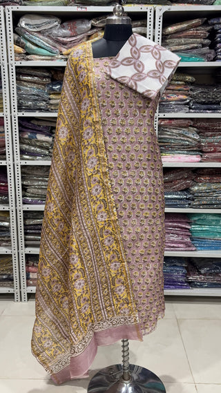 Handblock Chanderi Suit Material with Chanderi Dupatta(Lining Included)