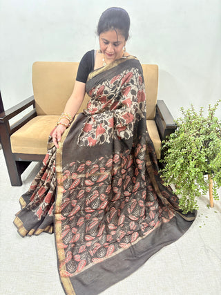 Vanaspati Ajrakh Maheshwari Silk Saree with Unstitched Blouse Piece (Lining Included)