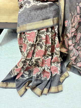 Vanaspati Ajrakh Maheshwari Silk Saree with Unstitched Blouse Piece (Lining Included)