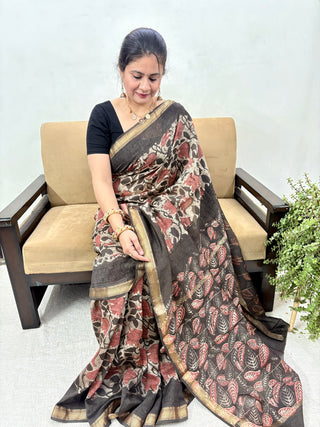 Vanaspati Ajrakh Maheshwari Silk Saree with Unstitched Blouse Piece (Lining Included)