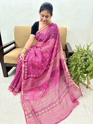 Pink Hand Block Print Kota Doria Cotton Saree with Unstitched Blouse Piece(Lining Included)