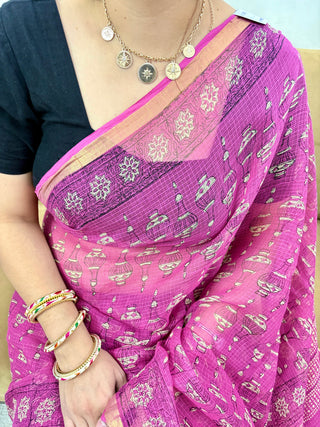 Pink Hand Block Print Kota Doria Cotton Saree with Unstitched Blouse Piece(Lining Included)
