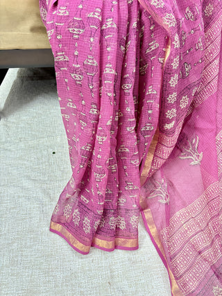 Pink Hand Block Print Kota Doria Cotton Saree with Unstitched Blouse Piece(Lining Included)