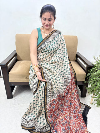 Handblock Chanderi Silk Saree with Zari Border and Unstitched Blouse Piece (Lining Included)