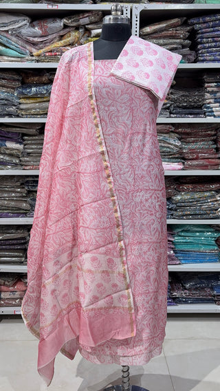 Handblock Chanderi Suit Material with Chanderi Dupatta(Lining Included)