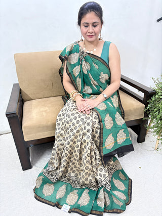 Beige Color Chanderi Silk Saree with Zari Border and Unstitched Blouse Piece (Lining Included)