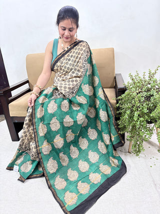 Beige Color Chanderi Silk Saree with Zari Border and Unstitched Blouse Piece (Lining Included)