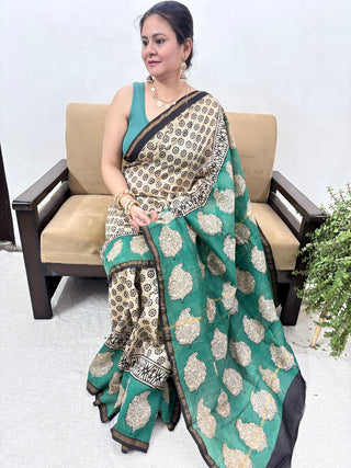 Beige Color Chanderi Silk Saree with Zari Border and Unstitched Blouse Piece (Lining Included)