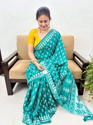 Hand Block Print Cotton Saree with Unstitched Blouse Piece