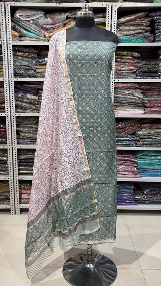 Handblock Chanderi Suit Material with Chanderi Dupatta(Lining Included)