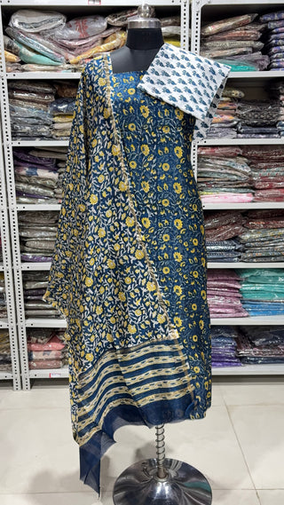 Handblock Chanderi Suit Material with Chanderi Dupatta(Lining Included)