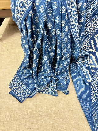 Blue Hand Block Print Cotton Saree with Unstitched Blouse Piece