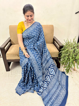 Blue Hand Block Print Cotton Saree with Unstitched Blouse Piece