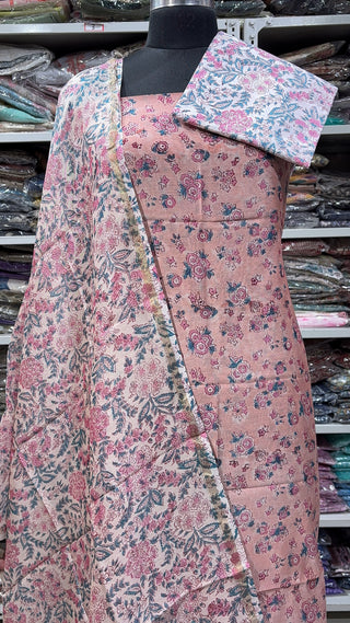 Handblock Chanderi Suit Material with Chanderi Dupatta(Lining Included)