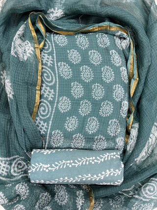 sea green Hand block kota doria suit set for office wear (with extra lining included)