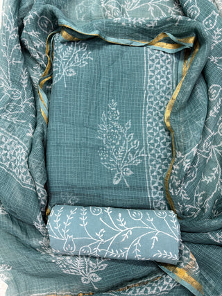 Sea green Hand block kota doria suit set for office wear (with extra lining included)