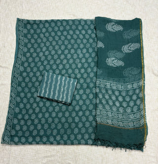 sea green Hand block kota doria suit set for office wear (with extra lining included)