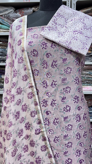 Handblock Chanderi Suit Material with Chanderi Dupatta(Lining Included)