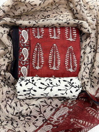 Cotton Ajrakh Handblock Office Wear Suit fabric with Kota doria Dupatta