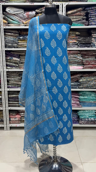 Indigo color Handblock Office Wear Suit fabric with Kota doria Dupatta