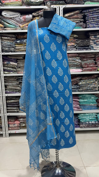 Indigo color Handblock Office Wear Suit fabric with Kota doria Dupatta