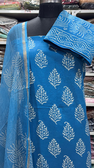 Indigo color Handblock Office Wear Suit fabric with Kota doria Dupatta