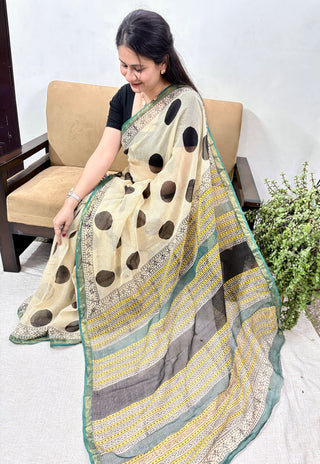 Hand block printed Kota Doria Cotton Saree with Unstitched Blouse Piece