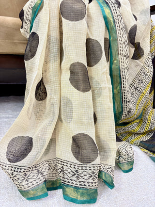 Hand block printed Kota Doria Cotton Saree with Unstitched Blouse Piece