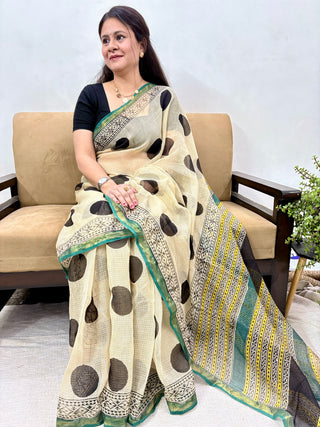 Hand block printed Kota Doria Cotton Saree with Unstitched Blouse Piece