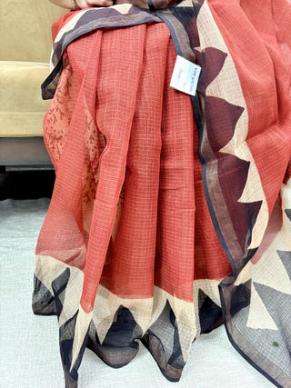 Ajrakh Hand Block Print Kota Doria Cotton Saree with zari border and unstitched Blouse Piece(Lining Included)