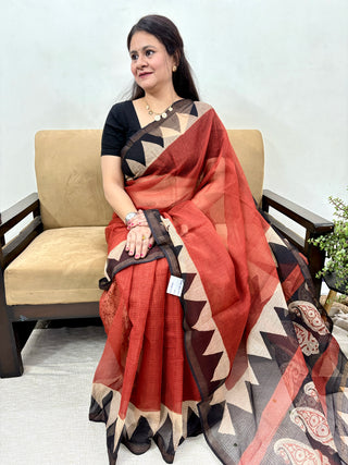 Ajrakh Hand Block Print Kota Doria Cotton Saree with zari border and unstitched Blouse Piece(Lining Included)