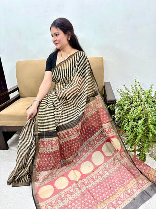 Ajrakh Handblock Print Kota Doria Cotton Saree with Zari border and Unstitched Blouse Piece(Lining Included)