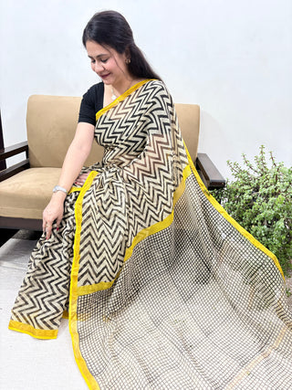 Hand Block Print Kota Doria Cotton Saree with zari border and unstitched Blouse Piece(Lining Included)
