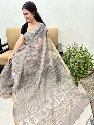 Handblock Print Kota Doria Saree with Zari Border and Unstitched Blouse Piece(Lining Included)