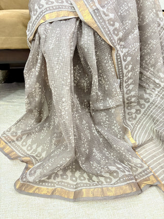 Handblock Print Kota Doria Saree with Zari Border and Unstitched Blouse Piece(Lining Included)