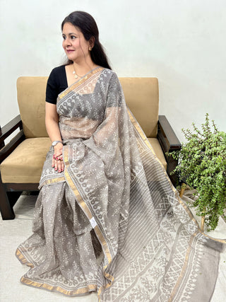 Handblock Print Kota Doria Saree with Zari Border and Unstitched Blouse Piece(Lining Included)