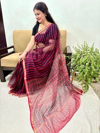 Ajrakh Handblock Print Kota Doria Cotton Saree with Zari Border and Unstitched Blouse Piece(Lining Included)