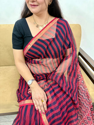 Ajrakh Handblock Print Kota Doria Cotton Saree with Zari Border and Unstitched Blouse Piece(Lining Included)