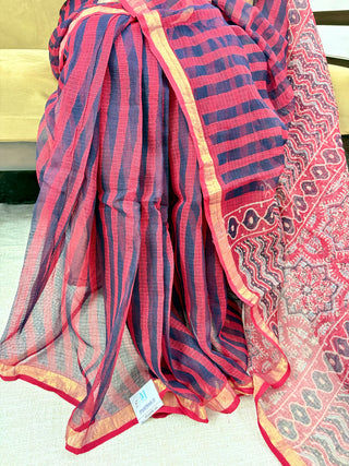 Ajrakh Handblock Print Kota Doria Cotton Saree with Zari Border and Unstitched Blouse Piece(Lining Included)