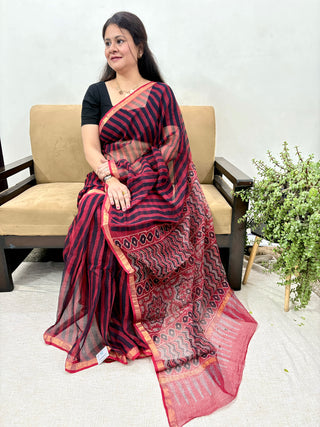 Ajrakh Handblock Print Kota Doria Cotton Saree with Zari Border and Unstitched Blouse Piece(Lining Included)