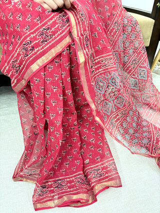 Ajrakh Handblock Print Kota Doria Cotton Saree with zari border and unstitched Blouse Piece(Lining Included)
