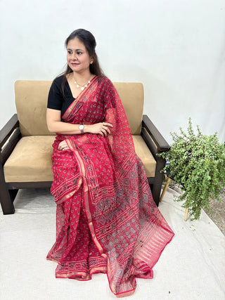 Ajrakh Handblock Print Kota Doria Cotton Saree with zari border and unstitched Blouse Piece(Lining Included)
