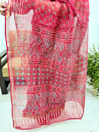 Ajrakh Handblock Print Kota Doria Cotton Saree with zari border and unstitched Blouse Piece(Lining Included)