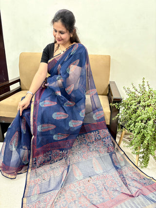 Ajrakh Handblock Print Kota Doria Cotton Saree with Zari border and Unstitched Blouse Piece(Lining Included)