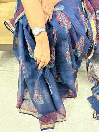 Ajrakh Handblock Print Kota Doria Cotton Saree with Zari border and Unstitched Blouse Piece(Lining Included)