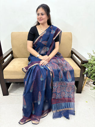Ajrakh Handblock Print Kota Doria Cotton Saree with Zari border and Unstitched Blouse Piece(Lining Included)