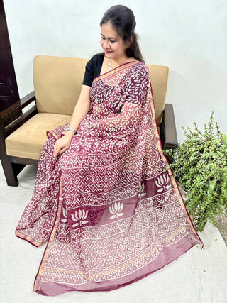 Burgundy Hand block printed Kota Doria Cotton Saree with Unstitched Blouse Piece(Lining Included)