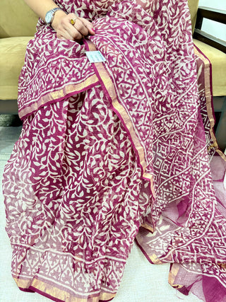 Burgundy Hand block printed Kota Doria Cotton Saree with Unstitched Blouse Piece(Lining Included)