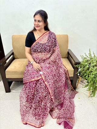 Burgundy Hand block printed Kota Doria Cotton Saree with Unstitched Blouse Piece(Lining Included)